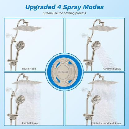 Hibbent High Pressue All Metal 12" Rainfall Shower Head, Handheld 10-Spray | cUPC Certified Brushed Nickel Dual Showerhead Combo, 4-way Diverter with Pause Mode, Brass Extension Arm, 71'' Hose & Holder