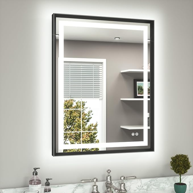 28 x 36 Bathroom LED Mirror Brushed Black Metal Frame Frontlit & Backlit Vanity Mirror Anti-Fog Stepless Dimmable 3 Colors White/Warm/Natural Mirror with Lights Wall-Mounted