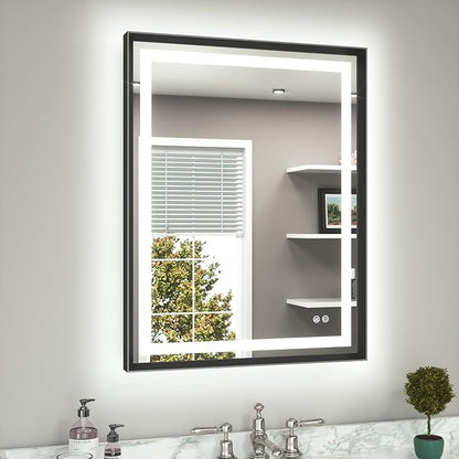 28 x 36 Bathroom LED Mirror Brushed Black Metal Frame Frontlit & Backlit Vanity Mirror Anti-Fog Stepless Dimmable 3 Colors White/Warm/Natural Mirror with Lights Wall-Mounted