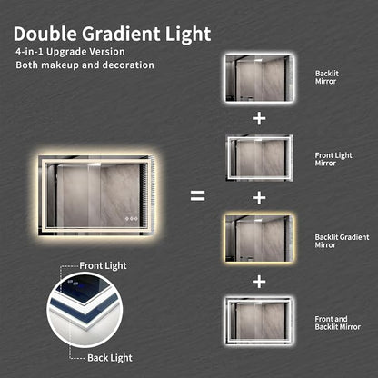 Bathroom Mirror, 44x30 Inch Gradient Front and Backlit Smart Mirror, 3 Colors Dimmable CRI>90 Double Lights, IP54 Enhanced Anti-Fog, Hanging Plates Wall Mount LED Mirror