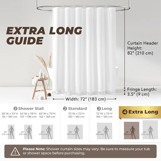 Linen Shower Curtain Boho White Shower Curtain with Tassels 72"W x 84"L | Thick linen-poly blend, soft textured drape, handcrafted fringe, neutral rustic farmhouse bathroom decor