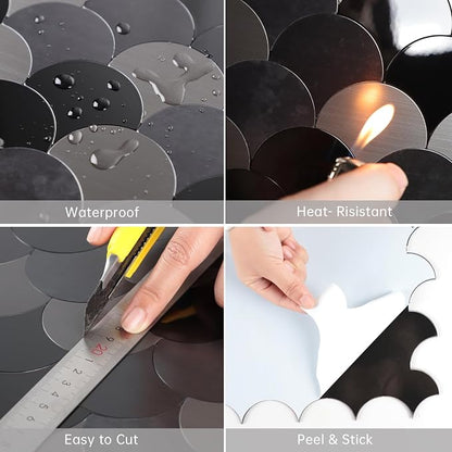 Fish Scale Black Peel and Stick Backsplash Tile, Fan Mosaic Self Adhesive Wall Tiles for Kitchen Bathroom-12 Sheet