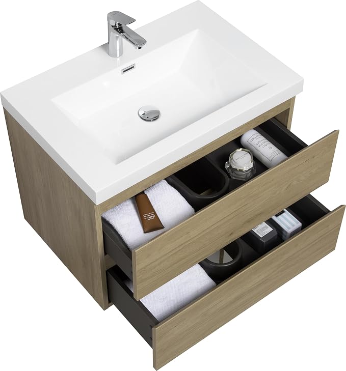 30 Inch Floating Bathroom Vanity with Sink, Large Storage Wall Mounted Floating Vanity with Soft Close Drawers, One-Piece Basin Bathroom Sink Cabinet (Natural Oak, 30")