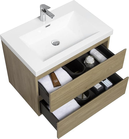 30 Inch Floating Bathroom Vanity with Sink, Large Storage Wall Mounted Floating Vanity with Soft Close Drawers, One-Piece Basin Bathroom Sink Cabinet (Natural Oak, 30")