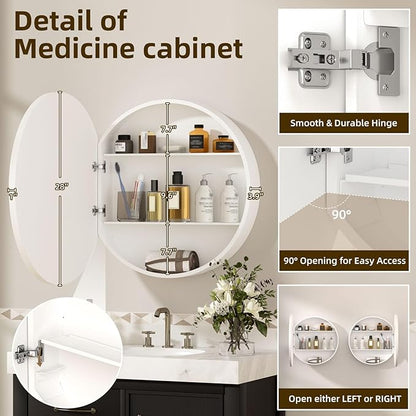 28 x 28 Inch Round Medicine Cabinet with Mirror,White Circular Bathroom Cabinet Wall Mounted,Metal Framed Mirror Medicine Cabinet with Adjustable Shelves for Bathroom Vanity