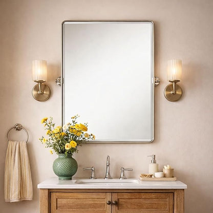 Farmhouse Pivot Rectangle Bathroom Mirror Chrome Metal Framed Tilting Beveled Vanity Mirrors for Wall, Overall 27.91x 30 inches (Mirrror 24 x 30 inches)