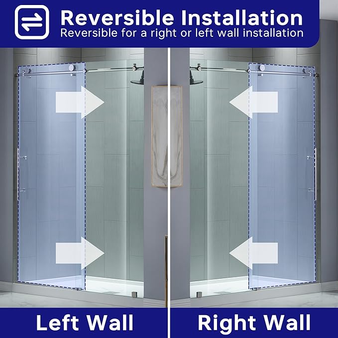 WOODBRIDGE Frameless Sliding Shower Door,44"-48" Width, 76" Height, 3/8" (10 mm) Clear Tempered Glass, Finish, Designed for Smooth Door Closing. Chrome