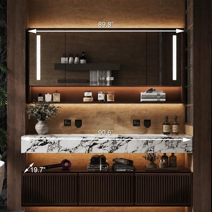 92 Inch Floating Bathroom Vanity with Double Sink, Modern Design, 2 Soft-Close Drawers, with Smart LED Defog Mirror & Time Display, Wall-Mounted, Fully Pre-Assembled, for Large Bathrooms