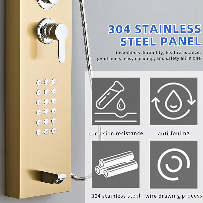 5-in-1 Shower Panel Tower System - Brushed Gold | 304 stainless steel Shower Panel Tower Column with Powerful Body Jets, Rainfall, Waterfall,Handheld and Tub Spout