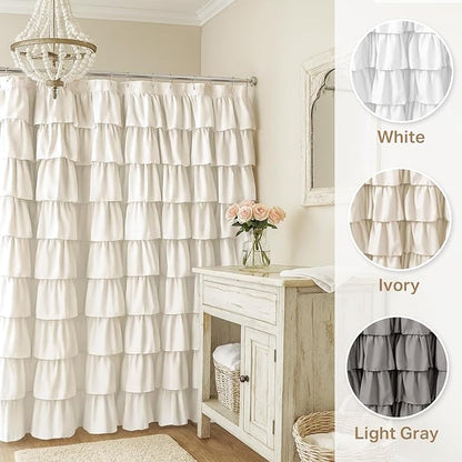 Seasonwood Ruffle Shower Curtain Cream Farmhouse Vintage Handcrafted Rustic Decorative Fabric Shower Curtains for Bathroom, 72" x 72"
