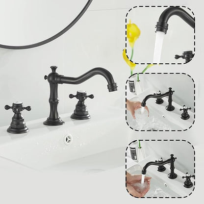 GGStudy Matte Black Bathroom Faucet 2 Handles 3 Holes Faucet 8 inch Widespread Bathroom Sink Faucet Tap Mixer Supply Hose Included Matching Metal Pop Up Drain