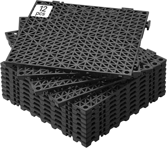 VEVOR Modular Interlocking Cushion, 12 Pack 12" x 12" Splicing Drainage Mats, Soft PVC Interlocking Drainage Floor Tiles, Non-Slip Drainage Holes for Restroom, Bathroom, Kitchen, Pool, Wet Areas, Blac