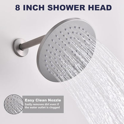 Shower System, All Metal Shower Faucet Set, Brushed Nickel | 8" Rainfall Shower Head and Handheld Spray Combo, Round Shower Head and Handle Set with Valve and Trim Kit