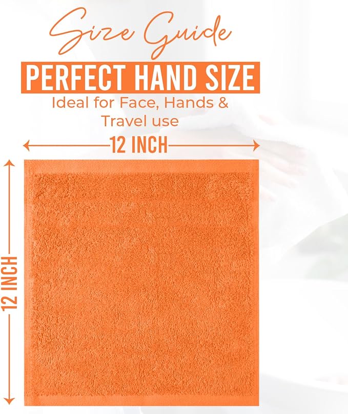 DAN RIVER 12 Pack Cotton Wash Cloths Set for Showering [12x12] Orange | Lighter Weight, Quick to Dry, Super Soft & Absorbent Face Towels, Hotel Quality, Perfect for Bathroom, Gym, Spa