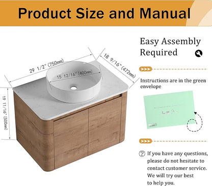 Malwee 30" Floating Bathroom Vanity with Sink, 30 Inch Wall Mounted Bathroom Cabinet Combo, Modern Single Sink Bath Storage Vanity Set, with 2 Soft Close Doors and Ceramic Vessel Basin Top(30-400