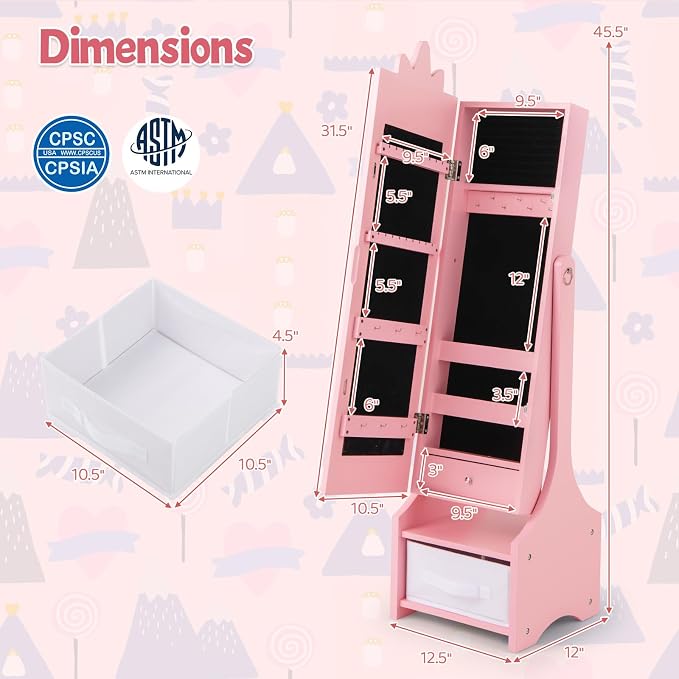 CHARMAID Kids Jewelry Cabinet - 45.5" Standing Armoire With Full Length Mirror, Organizer With Storage Drawers, Vanity Dressing Mirror for Girls (Pink)