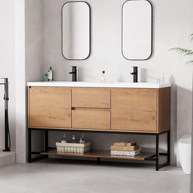 LUCKWIND 60" Modern Bathroom Vanity with Dual White Sink Combo, Freestanding Storage Cabinet with Metal Frame, Matte Black Faucet and Open Shelf and 2 Soft-Closing Door, Natural