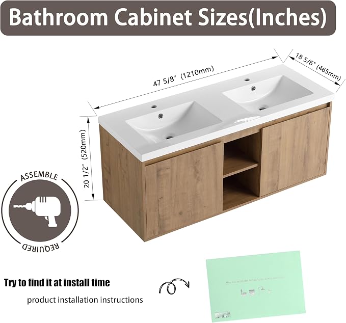 48 Inch Wall Mounted Bathroom Vanity with Double Sink | 48" Modern Floating Cabinet with Center Open Shelf & Soft-Close Doors, 2 Resin Basins, Imitative Oak