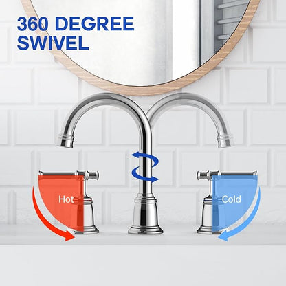 Classical 8 inch Bathroom Faucet, Bathroom faucets for Sink 3 Holes, Widespread Brushed Nickel Bathroom Faucet with Pop Up Drain and cUPC Lead-Free Hose (Chrome 2 Packs)