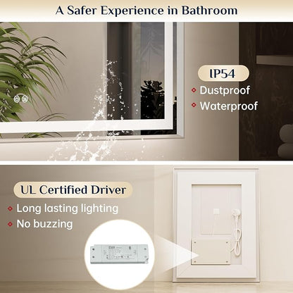 Keonjinn 28x36 Inch Nickel LED Bathroom Mirror with Lights, Beveled Edge | Frontlit & Backlit, Lighted Bathroom Mirror, HD Tempered Glass, 3 Color Temperatures, Anti-fog, Stepless Dimmable