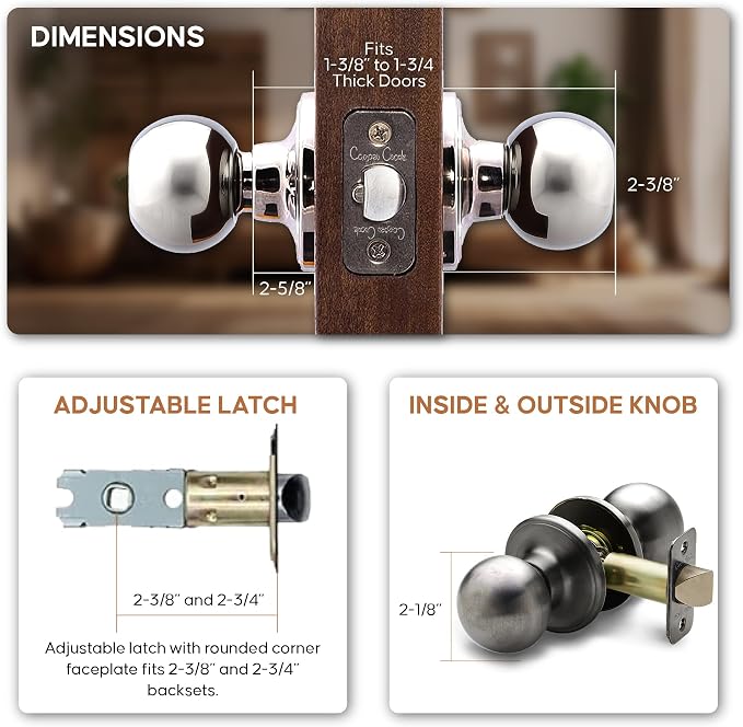 Copper Creek Passage Interior Door Knob – ANSI Grade-3 Certified, Modern Heavy Duty Handle, Easy Install and Reversible for Bedroom, Bathroom & Closets – Antique Nickel (1 Pack)