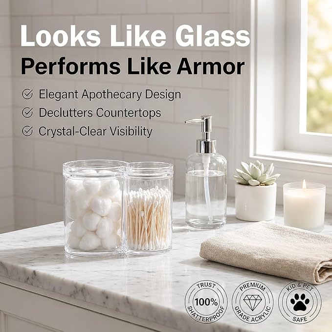 ForPro Clear Acrylic 2-Compartment Apothecary Jar with Lid, Shatterproof Qtip Holder & Cotton Ball Organizer, 28 Oz + 20 Oz Bathroom Vanity Canister for Kitchen, Office Decor, 6.25" x 3.7" x 4.6