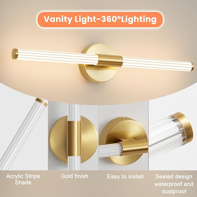 Gold Wall Sconces Set of Two Hardwired LED Vanity Light 23" | Dimmable 5CCT LED Bathroom Light Fixtures, 360° Full Lighting, Modern Vanity Light Bar for Bathroom Mirror