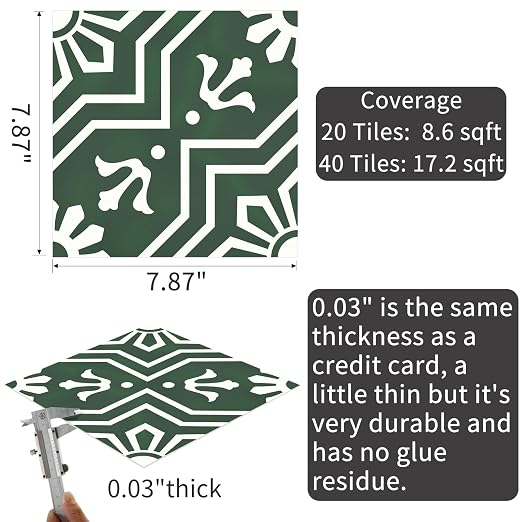 MORCART 20 Pack Peel and Stick Floor Tile, 7.87"x 7.87" Vinyl Flooring, Removable DIY Flooring for Bathroom, Kitchen, Fireplace, Stairs, Bedrooms, Wall, Pantry Room Waterproof Dark Green