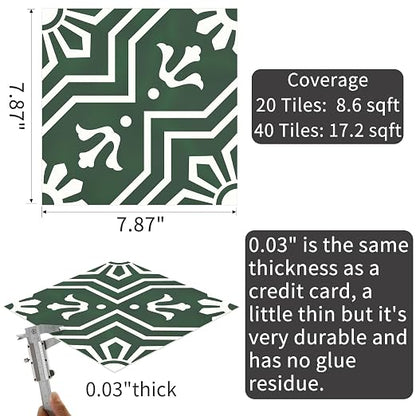 MORCART 20 Pack Peel and Stick Floor Tile, 7.87"x 7.87" Vinyl Flooring, Removable DIY Flooring for Bathroom, Kitchen, Fireplace, Stairs, Bedrooms, Wall, Pantry Room Waterproof Dark Green