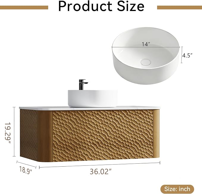 36 Inch Modern Bathroom Vanity with Ceramic Sink, Floating Bathroom Vanity Cabinet with Sintered Stone Top&Solid Wood Hammered Frame, Single Sink Bathroom Vanities w/Soft-Close Drawers,Natural
