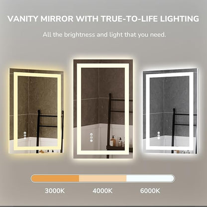 LED Bathroom Mirror 24x36 Inch Tempered Glass - Frameless LED Backlit Lighted Mirror for Bathroom Vanity with Anti-Fog, 3 Colors Dimmable, Memory Function, Wall-Mounted | Tempered Glass - Frameless Backlit Lighted Mirror for Bathroom Vanity with Anti-F...