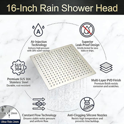 16 Inch Rain Shower Head,Rainfall Showerhead for Bathroom | All Metal 304 Stainless Steel with 324 Silicone Nozzel, Full Body Coverage,Ceiling Mount,Brushed Nickel