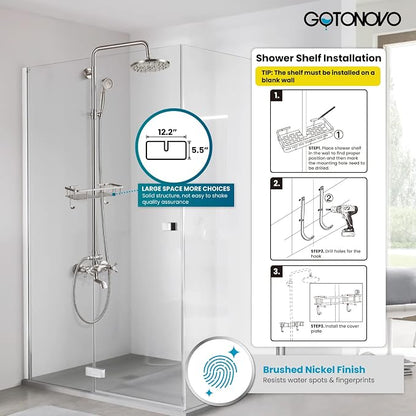 gotonovo Exposed Shower System with Shelf and Tub Spout,Brushed Nickel | Bathroom Shower Faucet Set with Shelf,8’’ Rain Head with Handheld Spray,2 Cross Handle,6’’ Hole Distance,Adjustable Height
