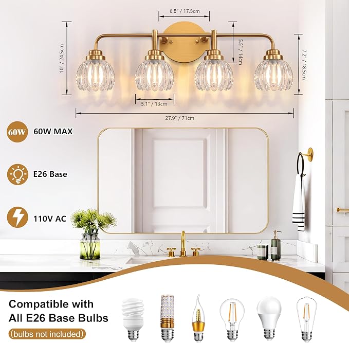 Vintage Bathroom Vanity Light, 4 Light Brushed Gold Fixture Over Mirror | Vintage Vanity Light, Brushed Gold Metal & Crystal Glass Shade, 4 Light Fixture Over Mirror for Bathroom Bedroom