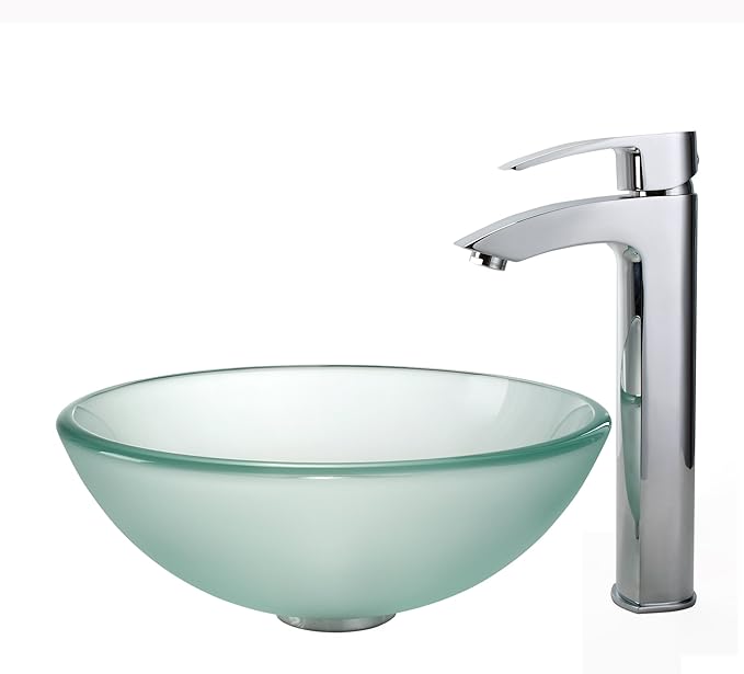 Kraus Frosted 14" Glass Vessel Bathroom Sink with PU-MR Satin Nickel