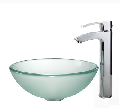 Kraus Frosted 14" Glass Vessel Bathroom Sink with PU-MR Satin Nickel