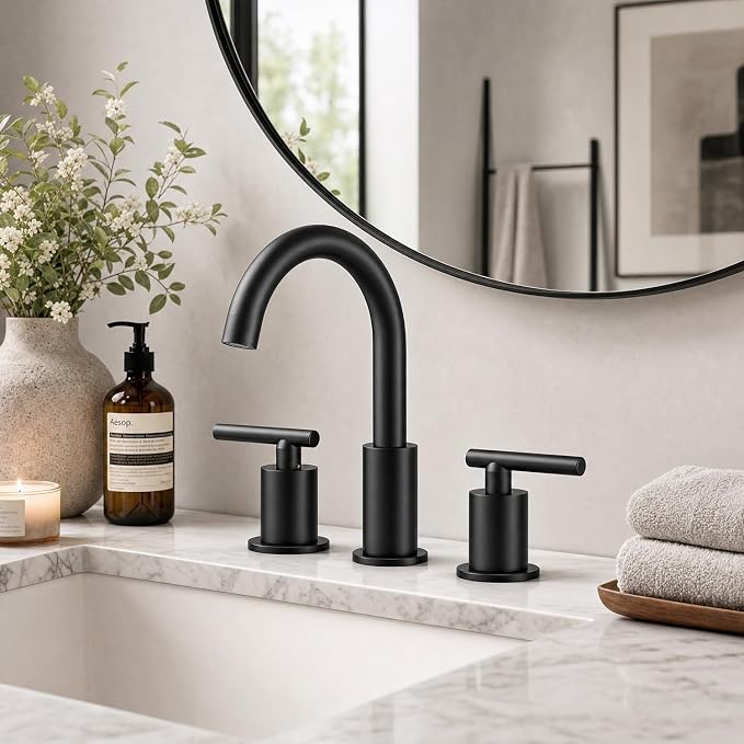 Widespread Bathroom Faucet, 2 Handle Vanity Sink Faucet Matte Black | SUS 304 Stainless Steel, 360° Swivel Spout, Pop-up Drain, Ceramic Valve, Aerated Stream, 20-Min DIY Install