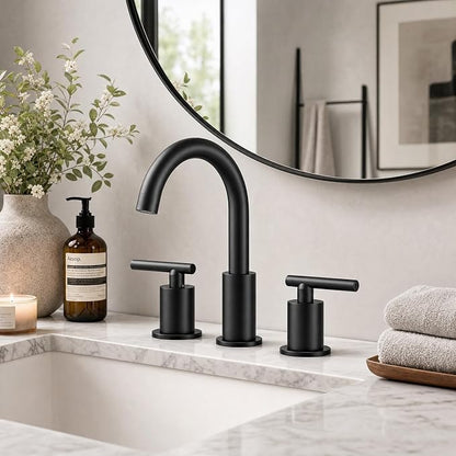 Widespread Bathroom Faucet, 2 Handle Vanity Sink Faucet Matte Black | SUS 304 Stainless Steel, 360° Swivel Spout, Pop-up Drain, Ceramic Valve, Aerated Stream, 20-Min DIY Install