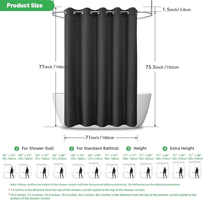 No Hook Waffle Shower Curtain, No Liner Needed Separate, 71x77 Inch, Black | 100% waterproof TPU-laminated backing, magnetic weighted hem, machine washable, shower curtain set for bathroom or hotel use