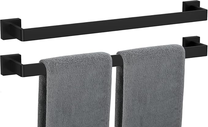 Towel Bar 2 Pack for Bathroom 24 Inch Matte Black Towel Holder 12/16/20/24/28/32/36 Inch Stainless Steel SUS304 Rustproof Towel Rack Modern Square Towel Rod for Bathroom Wall(2, Matte Black, 24 Inch)
