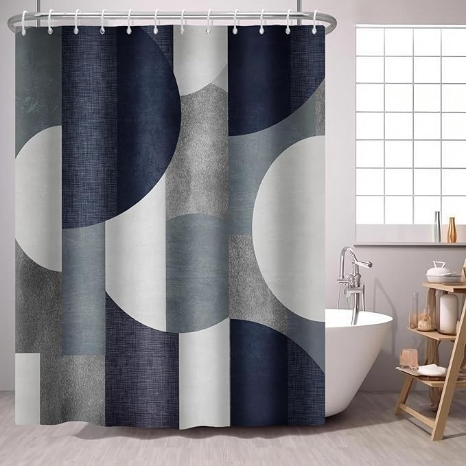 Navy Blue Shower Curtain Abstract Modern Geometry Circles Contemporary Style,Grey Fabric Shower Curtains Bathroom Accessories 72x72 Inches