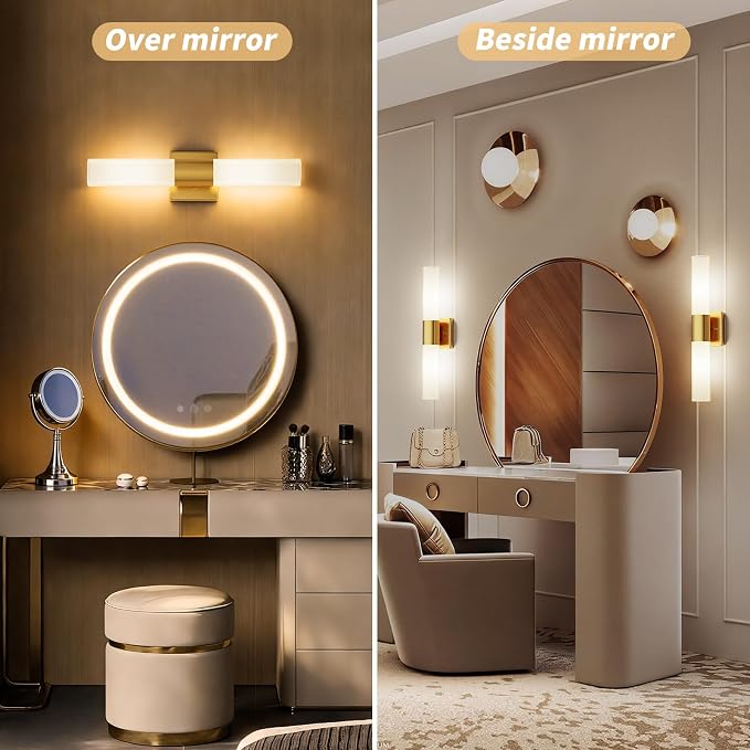 Wall Sconces Set of Two, Modern 21" Vanity, Frosted Glass, Gold | Indoor Wall Light Fixture. For Bathroom, Mirror, Bedroom, Living Room, Hallway. Mounting Hardware Included. Easy To Install.
