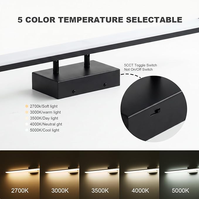 mirrea 48in 5CCT Black LED Vanity Lights for Bathroom Over Mirror | 5 color temperatures,Adjustable light angle,ETL listed,Dimmable,Bathroom lighting fixtures,Eye-friendly,Frosted acrylic shade