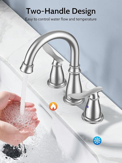 Bathroom Faucets for Sink 3 Hole, 4 Inch Brushed Nickel Faucet Bathroom with 2 Hot/Cold Handles, Pop-Up Drain, Lead-Free, No-Leak, RV Sink Faucet for Bath, Camper