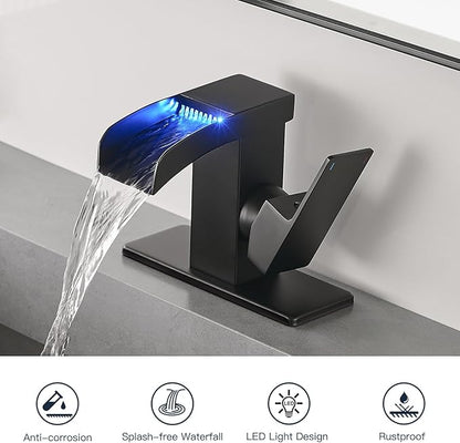 Matte Black LED Waterfall Bathroom Faucet, Single Hole Bathroom Sink Faucet, 3 Colors Light Changing Single Handle Vanity Faucets with cUPC Supply Lines, Stainless Steel