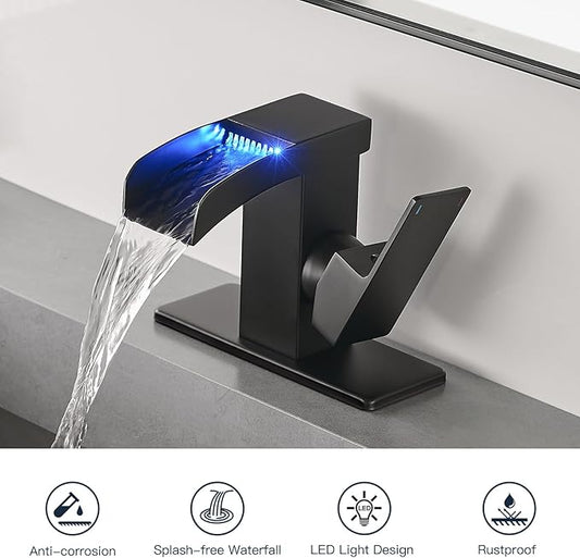 Matte Black LED Waterfall Bathroom Faucet, Single Hole Bathroom Sink Faucet, 3 Colors Light Changing Single Handle Vanity Faucets with cUPC Supply Lines, Stainless Steel