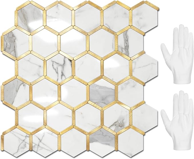 STICKGOO Hexagon Peel and Stick Backsplash Tile, Stick on Backsplash for Kitchen and Bathroom, Glossy Carrara White PVC Mixed Metal Gold Self Adhesive Wall Tiles(10 Sheets, Seamless)