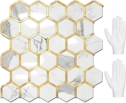 STICKGOO Hexagon Peel and Stick Backsplash Tile, Stick on Backsplash for Kitchen and Bathroom, Glossy Carrara White PVC Mixed Metal Gold Self Adhesive Wall Tiles(10 Sheets, Seamless)