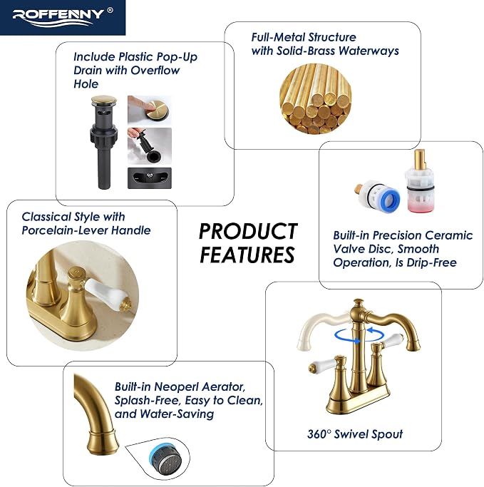 Porcelain 2-Handle Brushed Gold Bathroom Faucet 4 Inch Centerset | with Plastic Pop-up Drain, Classical Gold Bath Lavatory Vanity Faucets for 2/3 Hole Sinks, High Arc 360° Swivel Brass Spout
