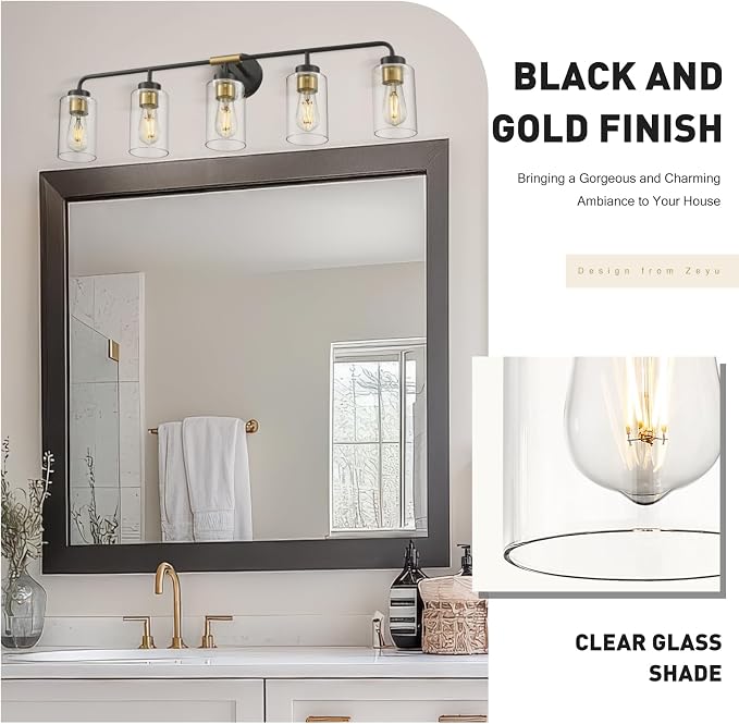 zeyu 36.5 Inch Modern Vanity Lights Over Mirror with Clear Glass Shade, 5-Light Bathroom Light Fixtures for Bathroom, Bedroom, Hallway, Black and Gold Finish, ZS62B-5W BK+BG